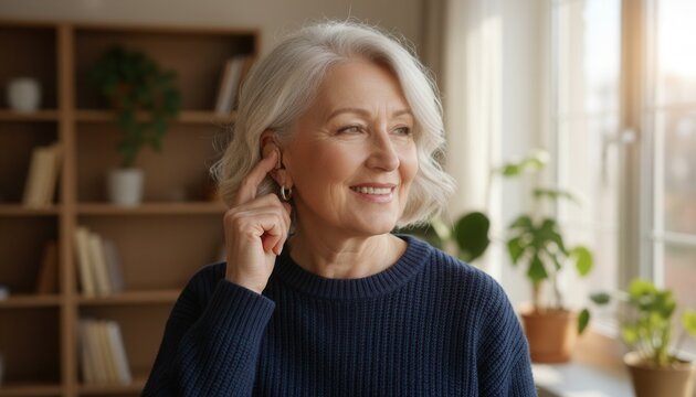 Senior woman carefully adjusting a modern discreet hearing aid while smiling near a sunny living room window view