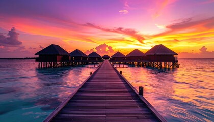 Obraz premium A wooden pier leads to overwater bungalows during a vibrant sunset.