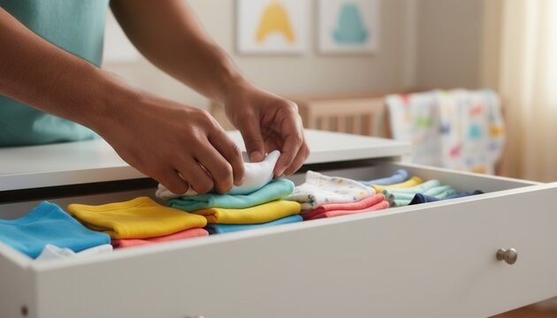 Close-up of a South Asian father hands gently organizing colorful children clothing inside a clean white wooden drawer
