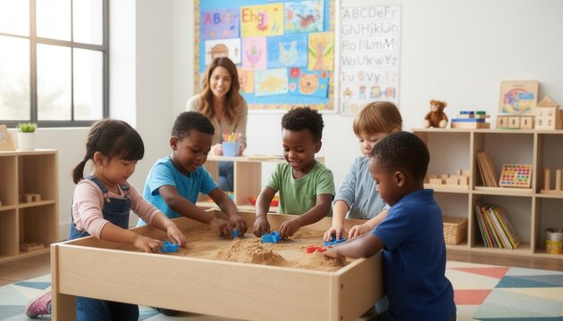 Medium shot of a diverse group of preschool children gathered around a low sensory table filled with kinetic sand