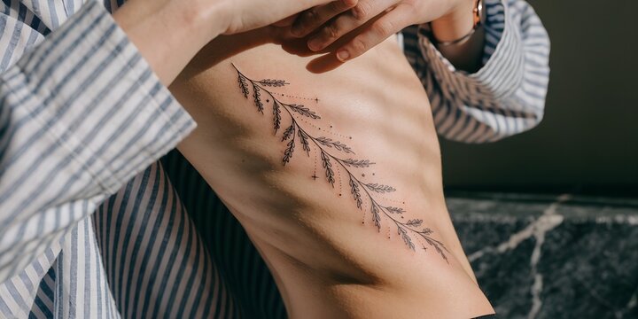Close Up Fine Line Tattoo On Slim Woman's Bare Torso With Delicate Botanical Constellation Design Running Along Her Ribs And Hip, Wearing Open Striped Shirt Against Dark Textured Stone Background