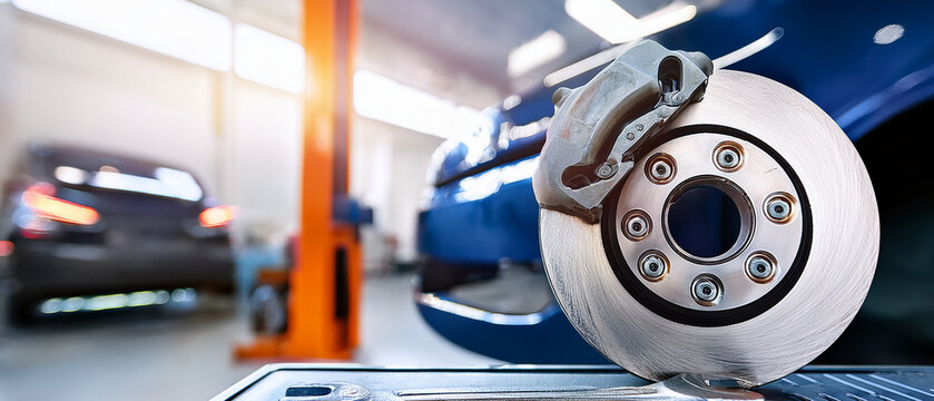 New car brake disc rotor and caliper in modern auto repair service workshop
