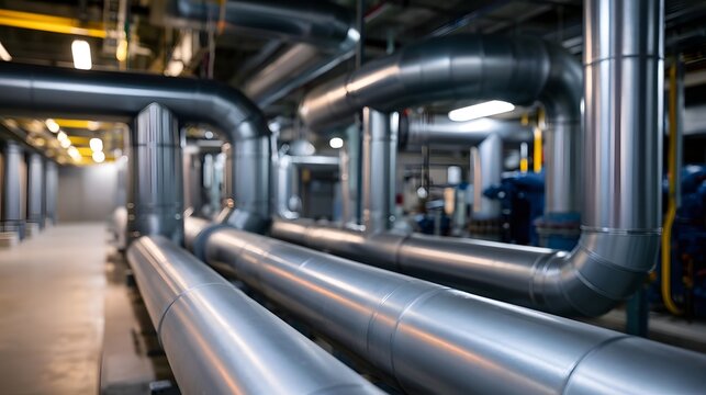 Industrial piping system with metallic conduits and reflective surfaces in a modern facility with ambient lighting
