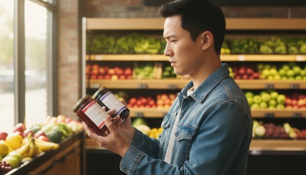 Young East Asian man thoughtfully comparing labels on two identical glass jars in a bright modern grocery store produce aisle