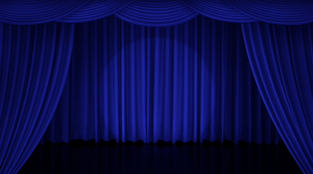 Bright blue curtains adorn the stages of films and theaters.