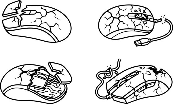 Collection of four broken computer mice with cracked shells and damaged cables