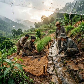 Sustainable farming with workers planting rice seedlings in terraced field