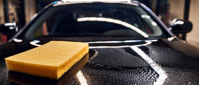 Water beading on ceramic coated car hood with blurred detailing garage background banner.