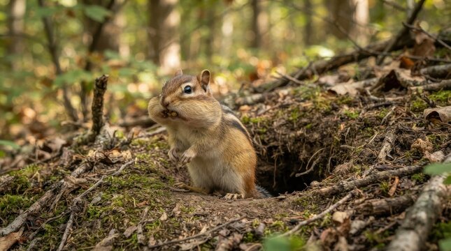 Chipmunk Gathering Food: A small chipmunk with full cheek pouches stands upright near its burrow entrance, surrounded by fallen leaves and moss, in a sun-dappled forest floor.