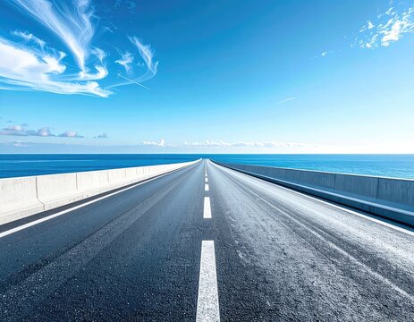 A scenic highway bridge extends across the bright blue ocean under a vast sky.