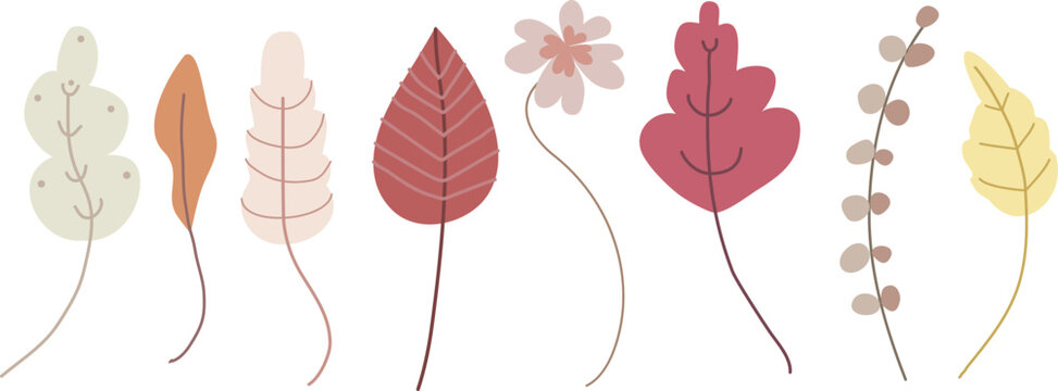 Cartoon foliage, floral set of pink, orange, brown, burgundy and gray autumn leaves, branches, twigs. Botanical fall clip art.