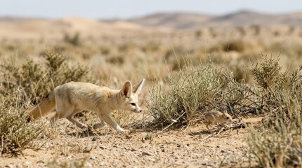 Naklejka premium Desert Fox Hunting in Arid Landscape: A fennec fox with its characteristic large ears stalks its prey across a dry, sandy desert terrain.