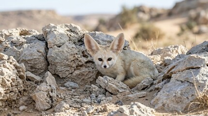 Naklejka premium Desert Fennec Fox Amidst Rocks: A small fennec fox with enormous ears peers cautiously from a rocky crevice in a dry, arid desert landscape, showcasing its adaptation to extreme environments.