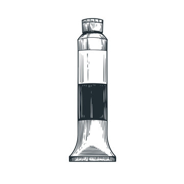 Hand drawn sketch style art paint tube. Depicting artistic supply. Retro vintage engraving style. Vector illustrtions isolated on white.