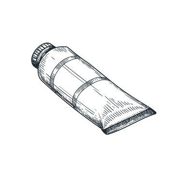 Hand drawn sketch style art paint tube. Depicting artistic supply. Retro vintage engraving style. Vector illustrtions isolated on white.
