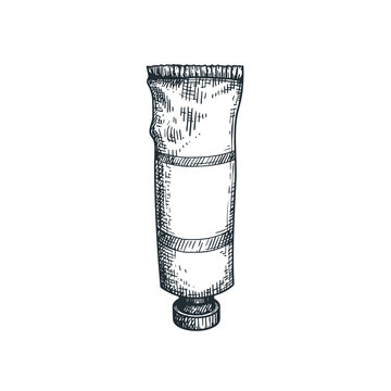 Hand drawn sketch style art paint tube. Depicting artistic supply. Retro vintage engraving style. Vector illustrtions isolated on white.