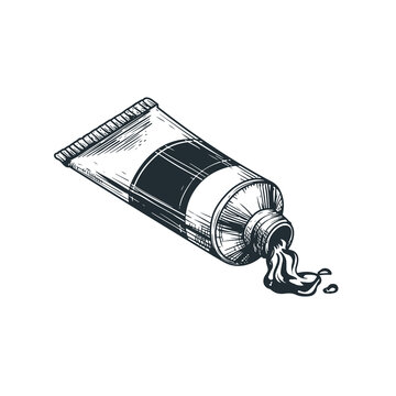 Hand drawn sketch style art paint tube. Squeezed, depicting artistic supply. Retro vintage engraving style. Vector illustrtions isolated on white.