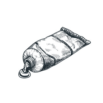 Hand drawn sketch style art paint tube. Squeezed, depicting artistic supply. Retro vintage engraving style. Vector illustrtions isolated on white.