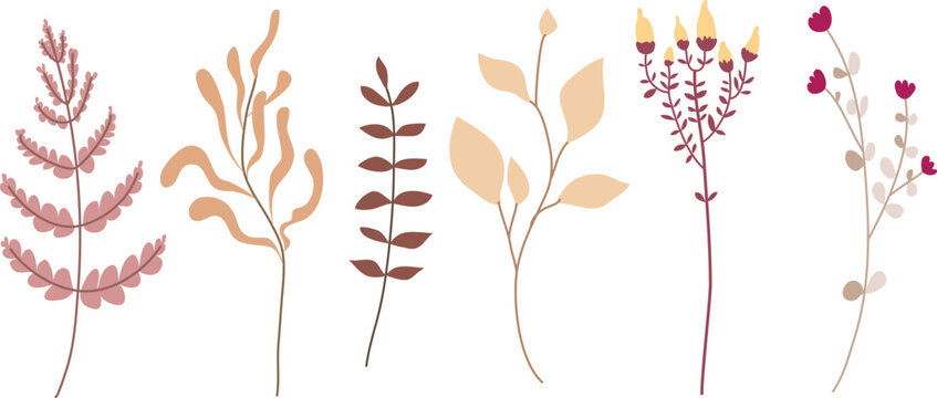 Cartoon foliage, floral set of pink, orange and gray autumn leaves, branches, twigs. Botanical fall herbarium clip art.