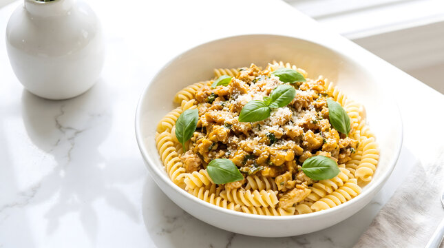 White ceramic bowl of cooked fusilli pasta topped with ground turkey ragu sauce, fresh basil leaves, and grated parmesan cheese on white marble counter