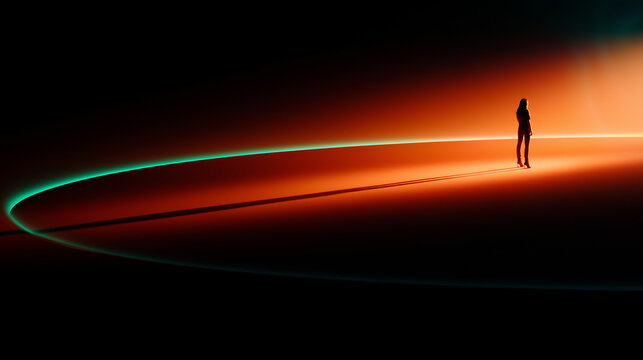 Surreal cinematic scene of a solitary woman standing on a vast glowing curved horizon, vivid turquoise and orange light trails, elongated shadow and mysterious futuristic atmosphere