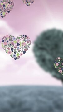 Animation of heart icons floating over heart tree