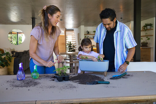 Diverse family with child planting from seedling tray at long wooden table in open-plan home