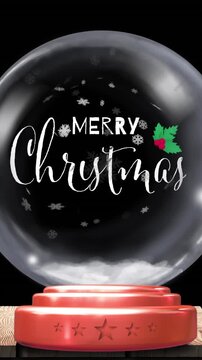Animation of christmas snow globe with christmas greetings and snow falling on black background