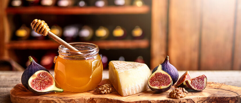 Aged cheese wedges with dripping honey and figs with blurred rustic pantry background banner.