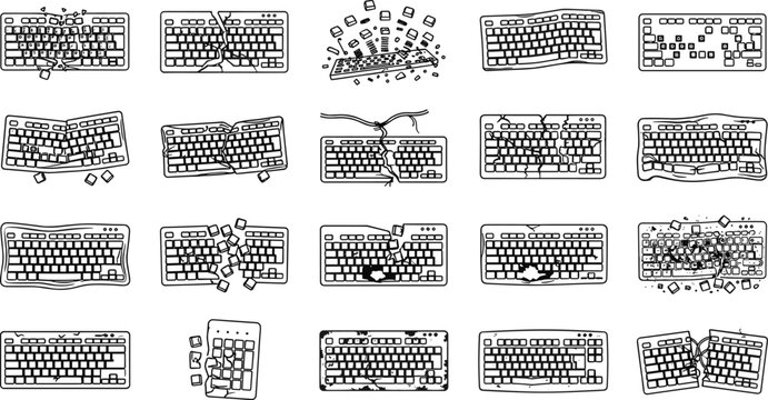Broken computer keyboard icons, vector illustration