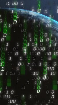 Animation of binary coding and data processing over globe