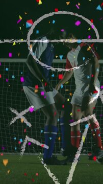 Animation of diverse male soccer players over stadium drawing