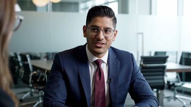 Professional young businessman in a suit confidently answers questions during a job interview, sitting opposite a recruiter in a modern corporate office meeting room environment