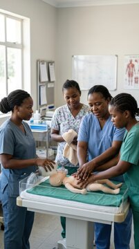 Healthcare professionals training with medical mannequin in clinical setting