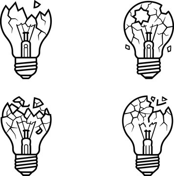 Four broken light bulb icons with cracks and shattered glass fragments