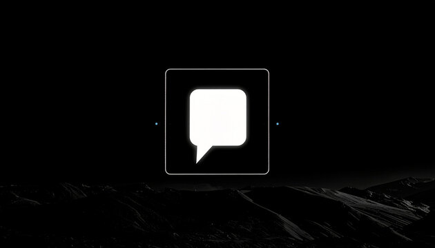 Minimalist glowing white speech bubble icon centered within a rounded square frame on a dark background with abstract mountain landscape below