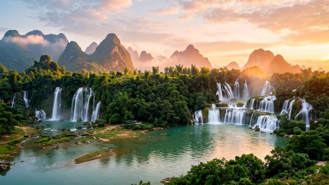 aerial landscape of detian banyue waterfalls in guangxi china vietnam at morning light video