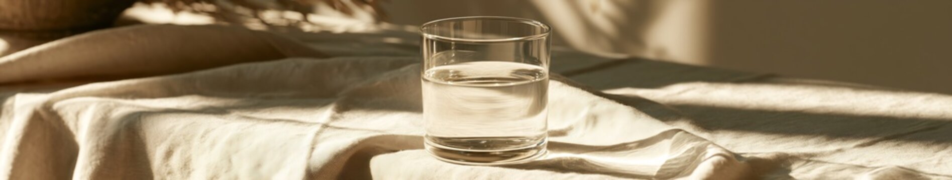 Clear tumbler of water on beige linen with warm sunlight, soft shadows and textured fabric background