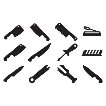 Kitchen Knives And Tools Icon Set Vector Black Cooking Equipment Collection Graphic. 