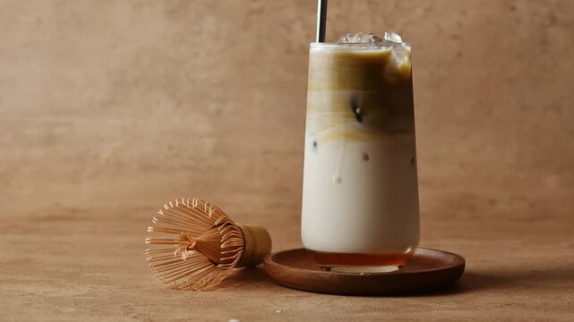 Straw stirs iced hojicha latte with oat milk and syrup in tall glass beside bamboo whisk, blending layers on warm brown set.