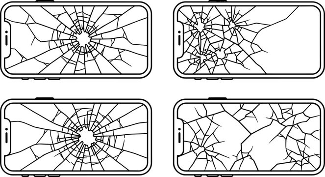 Collection of vector smartphone screen designs with diverse crack patterns and shattered glass effects