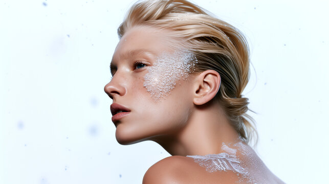 Delicate frost traces a woman's cheekbone in profile against a clean background, symbolizing sensitive skin protection and winter dermatological skincare.