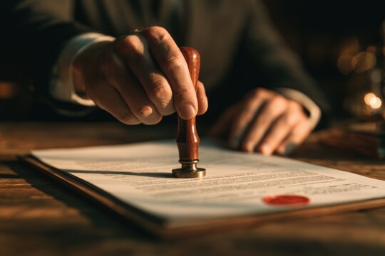 Hand stamping a legal contract document with a red wax seal, certifying agreement