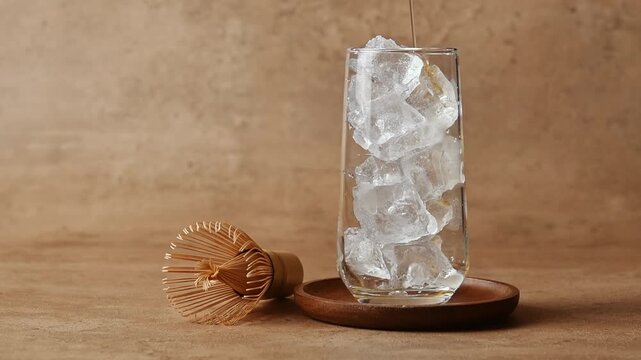 Syrup streams over ice in tall glass beside bamboo whisk, forming base for iced hojicha latte on warm brown background.
