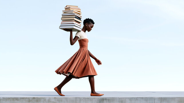 Fashionable student walks confidently while balancing a stack of books, bold terracotta dress against a minimalist concrete backdrop, chic editorial back-to-school style.