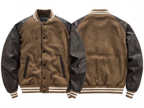 Front and back view of a brown wool varsity jacket with leather sleeves isolated on white
