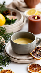 Fototapeta premium Cozy Christmas table with a warm tea cup, dried citrus slices, pine branches and a lit candle, natural minimalist holiday decor and rustic ceramic tableware.