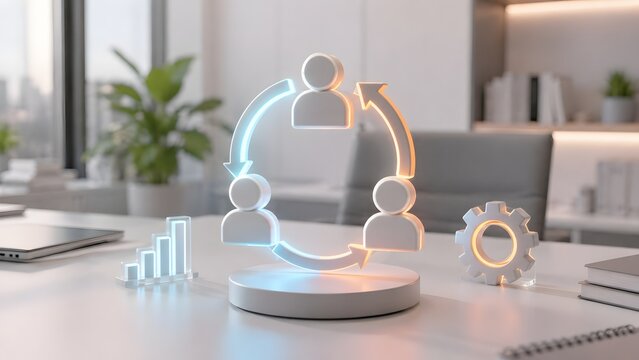 Human resources teamwork concept with glowing figure network and gear icon on office desk