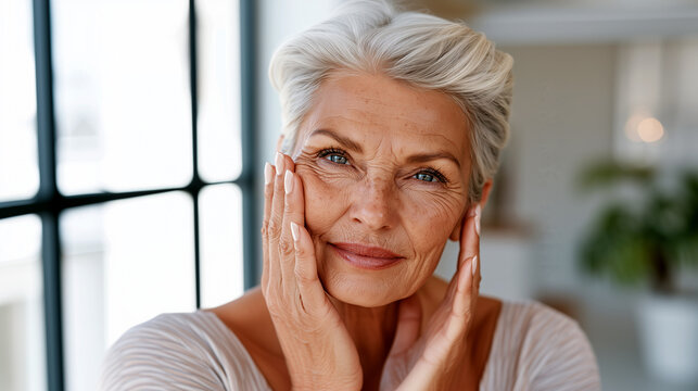 Mature silver-haired woman gently touches her face by a bright window, authentic wrinkles and radiant skin captured in a calm, elegant longevity beauty portrait.