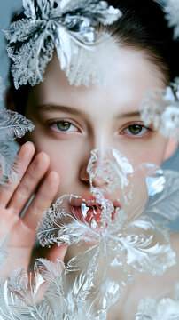 Woman's face seen through a frosted glass surface with delicate ice crystal patterns. A minimalist winter skincare and sensitive-skin protection concept with clean negative space.